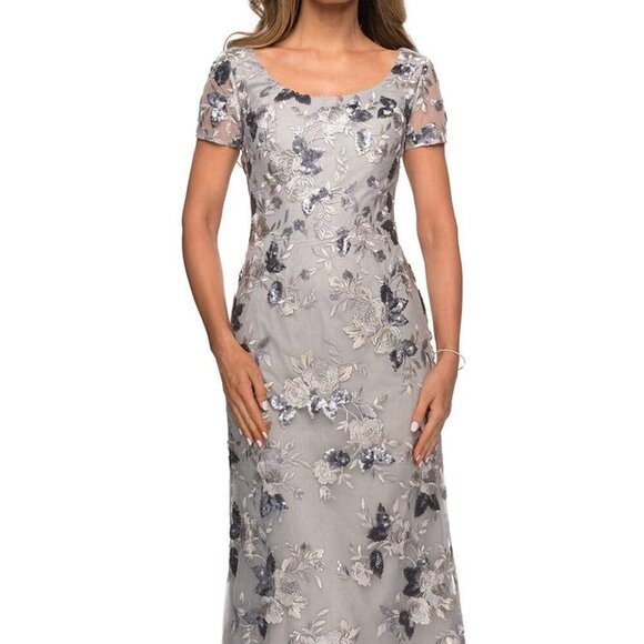 NWT La Femme 27991SC Lace Evening Dress Silver size 12 and 20 - Picture 1 of 8